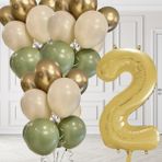 2 Yaş Retro Küf Yeşili Krom Gold Kum Beji Balon Seti Gold Rakam Doğum Günü Balonu Şık Parti Süsleme - Çok Renkli