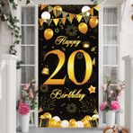 20. doğum günü dekorasyonu erkek kadın siyah altın 20 doğum günü kapı afişi, 20. yıl doğum günü arka planı ekstra büyük poster tabelası erkek kızlar için 20. doğum günü dekorasyonu masa duvar
