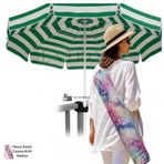 200 cm Geniş Plaj Şemsiyesi - Rüzgara Dayanıklı Fiberglass İskeletli, Taşıma Kılıflı ve Askı Aparatlı - Balkon/Kamp Sandalyesi İçin Cırt Cırt Hediyeli Deniz Şemsiyesi (YESIL-BEYAZ ÇİZGİLİ)