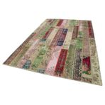 200x305 cm Kırk Yama Yeşil Yama Pamuklu Yün El Dokuma Modern Geometrik Etnik Eskitme Desenli Boho Oturma Odası Salon Yolluk Koridor Mutfak Halısı