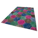200x308 cm Kırk Yama Mavi Yama Pamuklu Yün El Dokuma Modern Geometrik Etnik Eskitme Desenli Boho Oturma Odası Salon Yolluk Koridor Mutfak Halısı