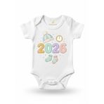 2026 İlk Yılbaşı Bebek Zıbını,%100 Organik Pamuk Unisex Body, Kısa Kollu, Beyaz, Pastel Şapka Çorap Desenli (3-6 AY)