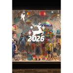 2026 Yeni Yıl Cam Sticker, Beyaz Geyik ve Yıldız Desenli, Kendinden Yapışkanlı, Mağaza Vitrin Dekorasyonu için Yılbaşı Sticker (65x70)