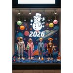 2026 Yılbaşı Vitrin Dekorasyonu, Kardan Adam Temalı Cam Sticker, Kendinden Yapışkanlı Folyo, Özel Kesimli, Çok Parçalı Duvar ve Vitrin Süsleme Seti (34x50)