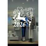 2026 Yılbaşı Vitrin Sticker, Geyik ve Happy New Year Temalı, Kendinden Yapışkanlı Folyo Cam Süslemesi, Yıldızlı Dekoratif Duvar Çıkartması (50 Cm)
