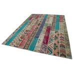 204x306 cm Kırk Yama Turkuaz Patchwork Yün El Dokuma Modern Geometrik Etnik Eskitme Desenli Boho Oturma Odası Salon Yolluk Koridor Mutfak Halısı