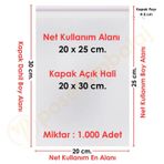20X25+5 Cm. (20X30) 1.000 Adet Şeffaf Bantlı Yapışkanlı Jelatin Poşet