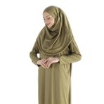 2133_Tek Parça Kaymaz Başörtülü Namaz Tesettür Elbisesi Boneye Son, 00437 Yağ Yeşili, SM