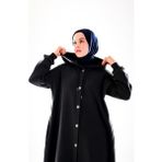2274_KADIN Antrasit Gri Kapüşonlu Çıtçıtlı 3 Iplik Uzun Kap – Oversize Cepli Mevsimlik Tesettür Dış Giyim - XS