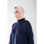 2296_KadınTaş Baskılı Yırtmaçlı Dik Yakalı Tunik, 00400 Lacivert, 38