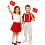 23NISAN–19MAYIS– 29EKIM Özel Gün Çocuk Kostüm|kız Etek&tişört&toka+Erkek Pantolon&gömlek&papyon Askı - Kırmızı - Beyaz - 12 Yaş