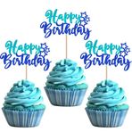24 adet doğum günü pastası dekorasyonu Happy Birthday Cupcake Toppers simli doğum günü pasta dekorasyonu bebek duş çocuk parti pasta dekorasyonu koyu mavi