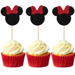 24 ADET Siyah ve Kırmızı Fareden İlham Alan Fiyonklu Cupcake Süsleri Simli Mini Cupcake Kürdanları Bebek Partisi Düğün Çocuklar Doğum Günü Partisi Malzemeleri için Dekorasyonlar
