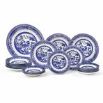 24 Parça Dark Blue Churchill Porselen Yemek Takımı – Blue Willow Desenli, 6 Kişilik Mavi Beyaz Tabak Seti, Servis Yemek ve Tatlı Tabakları