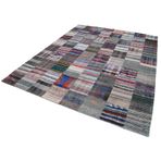 240x298 cm Kırk Yama Gri Yama Pamuklu Yün El Dokuma Modern Geometrik Etnik Eskitme Desenli Boho Oturma Odası Salon Yolluk Koridor Mutfak Halısı