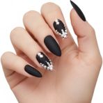24'lü Siyah Mat Takma Tırnak Seti Lüks 3D Kristal Taşlı Desenli Uzun Oval Badem Stiletto Yapıştırıcılı Fake Nails Set, Eda Luxury Beauty