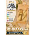 25’li Set Altın Plastik Çatal Bıçak Seti Kullan At Parti Davet Düğün Şık Sunum Seti Lüks Görünüm