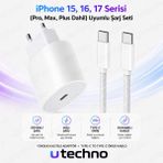 25W (Watt) Apple Uyumlu Hızlı Şarj Adaptörü + Kablo Iphone 15 Iphone 16 Pro Max Plus Uyumlu Beyaz Hızlı Şarj Aleti Seti Type-C To Type-C Iphone Uyumlu Utechno
