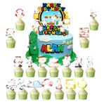 26 adet Mario pasta süsü, pasta dekorasyonu, Happy Birthday kek süsü, pasta dekorasyonu, doğum günü pastası, cupcake toppers pasta dekorasyonu, erkek kız çocukları için, doğum günü partisi dekorasyonu