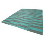 297x402 cm Degrade Kilim Turkuaz Çizgili Yün El Dokuma Modern Geometrik Etnik Eskitme Desenli Boho Oturma Odası Salon Yolluk Koridor Mutfak Halısı