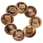 2D Ahşap Kedi Desenli Bardak Altlığı Seti, 8 Parça, 10x10 cm, Oymalı Tasarım, Kahve ve Çay Fincanları için