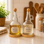 2'li 1000ML Ahşap Stantlı Ahşap Kapaklı Cam Yağlık Seti Ayçiçek/zeytin Yağı Etiketli - Açık Kahverengi - 1 lt