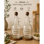 2'li 1000ML Ahşap Stantlı Ahşap Kapaklı Cam Yağlık Seti Ayçiçek/zeytin Yağı Etiketli - Koyu Kahverengi - 1 lt