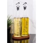 2li 750 ml Ahşap Standlı Ayçiçek Yağı ve Zeytinyağı Yağlık Sıvı Yağ Şişesi Gri Tıpalı Cam Yağdanlık - Şeffaf