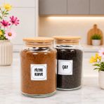 2'li Ahşap Vakum Kapaklı Cam Filtre Kahve Çay Saklama Kavanozu Seti 800 ml Etiket Hediyeli - Açık Kahverengi - Şeffaf - 2 Adet
