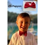 2'li Ay Yıldızlı Papyon, Kırmızı Beyaz Papyon, 2 Adet Bayraklı Papyon kırmızı 4-7 Yaş