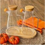 2'li Bambu Kapaklı Ahşap Standlı Camlı Yağdanlık & Sirkelik & Zeytinyağı Şisesi 900 ml 3lü Set - Krem