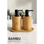 2li Bambu Sabunluk Seti Hands Dishes Mutfak Banyo Sıvı Sabunluk 500ML Doğal Bambu Stantlı Retro Set - Büyük Boy