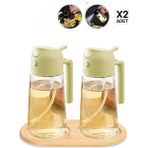 2'li Bambu Stantlı Çift Fonksiyonlu Cam Yağdanlık 450ML Sprey Dökme Sıvıyağ Şişesi Airfryer Yağlık - Yeşil - 450 ml