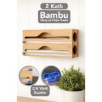 2'li Bambu Streç Film ve Folyo Kesici - Streç Folyo Kutusu Streçlik Mutfak Düzenleyici Organizer - Krem
