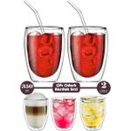 2li Çift Cidarlı Cam Bardak 350 ml Pipetli Çay Kahve Sunum Bardağı Isıya Dayanıklı Kupa Bardak Seti - 2 Adet