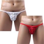2'li Dantel String Külot Seti, Kırmızı ve Beyaz, Seksi Tasarım, Erkek İç Giyim (Kırmızı Beyaz, S)