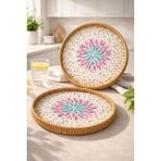 2'li El Yapımı Doğal Rattan Tepsi Sedef Desenli Yuvarlak Sunum Tepsisi 30-33 cm Pembe