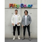 2'li Erkek Düğmeli Slim Fit Peluş Ceket - Kışlık Polar Shacket Trend Model - Beyaz - Gri Melanj - 2XL