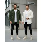 2'li Erkek Düğmeli Slim Fit Peluş Ceket - Kışlık Polar Shacket Trend Model - Beyaz - Haki