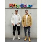 2'li Erkek Düğmeli Slim Fit Peluş Ceket - Kışlık Polar Shacket Trend Model - Beyaz - Taba