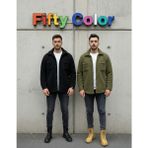 2'li Erkek Düğmeli Slim Fit Peluş Ceket - Kışlık Polar Shacket Trend Model - Siyah - Haki