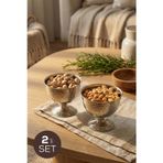 2'li Gümüş Renk Metal Ayaklı Çerezlik & Lokumluk - Dövme Desenli Sunum Kasesi 240ml