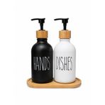 2’li Hands & Dishes Siyah Beyaz Cam Sabunluk Seti – Modern Minimalist Tasarım, 500 ml Kapasiteli, Bambu Standlı Dekoratif Mutfak & Banyo Sıvı Sabunluk Dispenser Seti