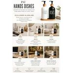 2’Li Hands Dishes Siyah Beyaz Cam Sıvı Sabunluk Seti 500 Ml, Bambu Standlı Dekoratif Mutfak & Banyo Sabunluk Dispenser Seti Şık Tasarım