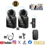 2’li Kablosuz Yaka Mikrofonu Type-C & Lightning Uyumlu, Dsp Gürültü Azaltma, Android iPhone Canlı Yayın Video Ses Kayıt Mikrofonu - Siyah