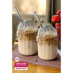 2'li Kübbe Kapaklı Pipetli Bardak Isıya Dayanıklı Eggglass Iskandinav Kahve Sunum Bardağı 430ML Set - 2 Adet - 430 ml