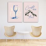 2'li Mutfak Bar Kanvas Tablo Seti - Retro Şarap Temalı Pembe Duvar Dekoru - Coastal Wine Time 2 Parça Tablo (50 x 70 cm)