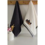 2’li Mutfak Havlusu –%100 Pamuk - Midye Nakışlı - 40X60 Cm-Antrasit - 40 x 60 cm