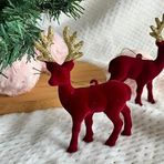 2li Noel Ağacı Süsü, Kadife Kırmızı Geyik, Altın Simli Boynuzlu, 13cm x 8cm, Yılbaşı Dekorasyonu