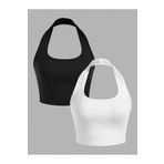 2'li Paket Kare Yaka Siyah Ve Beyaz Renk Boyun Askılı Crop Top Bluz